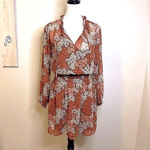 Socialite Brown and Ivory Floral Long Sleeve Ruffle Neck Dress Size Small NWT